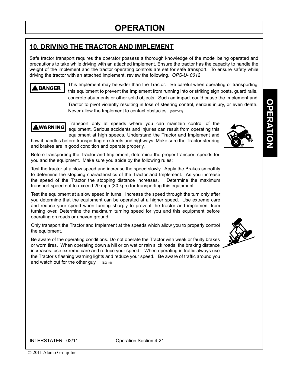 Driving the tractor and implement, Driving the tractor and implement -21, Operation | Opera t ion | Alamo 803213C User Manual | Page 87 / 140