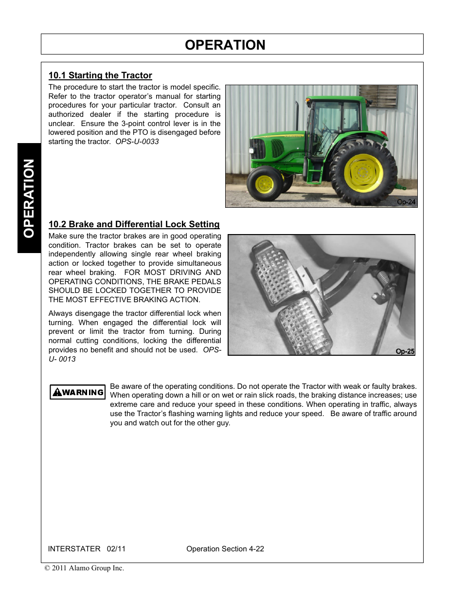 1 starting the tractor, 2 brake and differential lock setting, Operation | Opera t ion | Alamo 803213C User Manual | Page 88 / 140