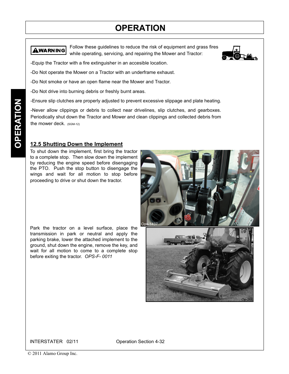 5 shutting down the implement, Shutting down the implement -32, Operation | Opera t ion | Alamo 803213C User Manual | Page 98 / 140