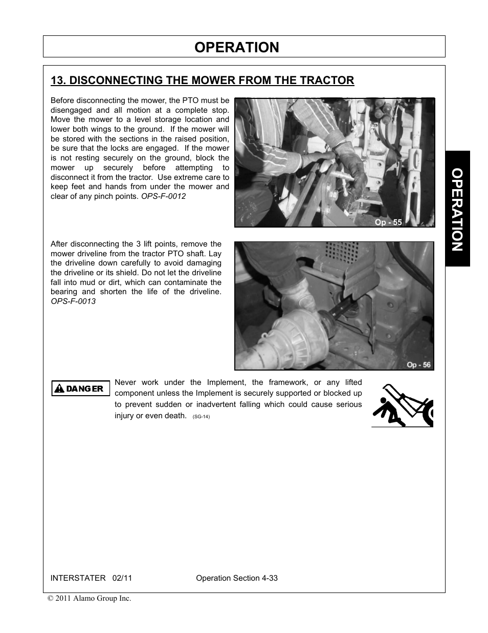 Disconnecting the mower from the tractor, Disconnecting the mower from the tractor -33, Operation | Opera t ion | Alamo 803213C User Manual | Page 99 / 140