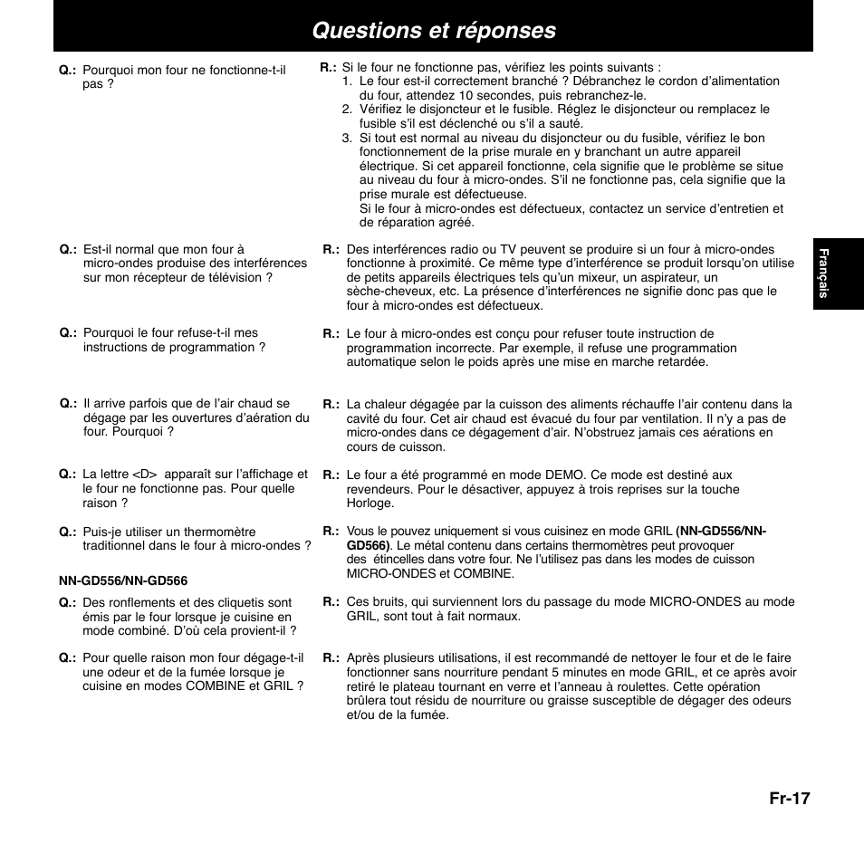 Questions et réponses, Fr-17 | Panasonic NNGD556 User Manual | Page 18 / 43