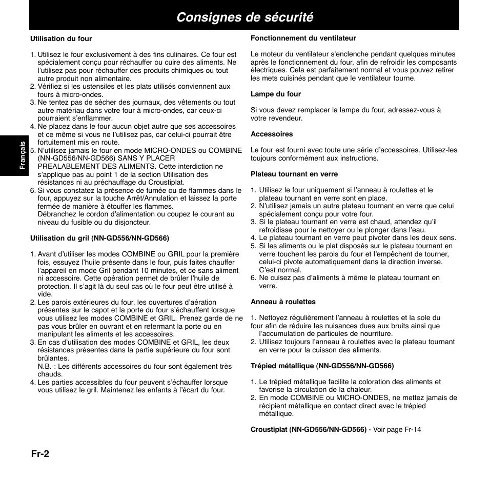 Consignes de sécurité, Fr-2 | Panasonic NNGD556 User Manual | Page 3 / 43