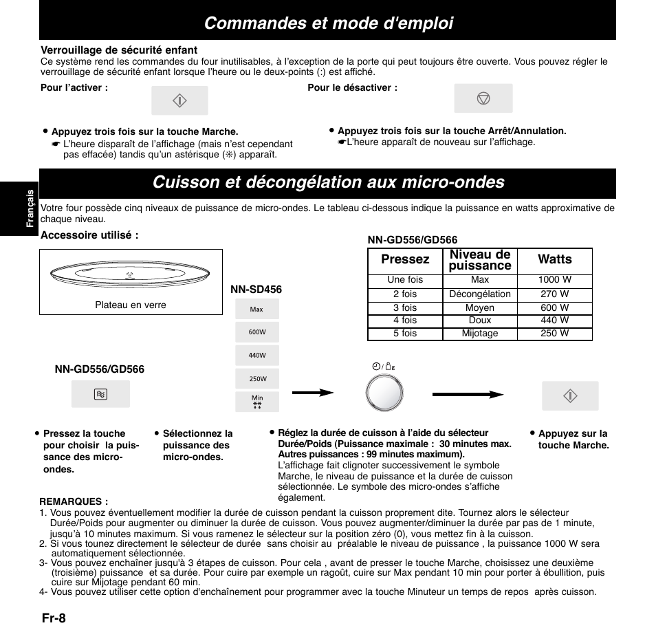 Cuisson et décongélation aux micro-ondes, Commandes et mode d'emploi | Panasonic NNGD556 User Manual | Page 9 / 43