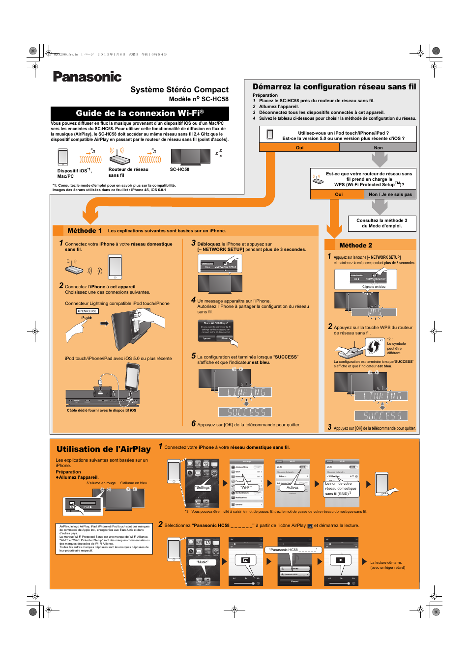 Système stéréo compact, Guide de la connexion wi-fi, Démarrez la configuration réseau sans fil | Utilisation de l'airplay, Ipad | Panasonic SCHC58EG User Manual | Page 2 / 4