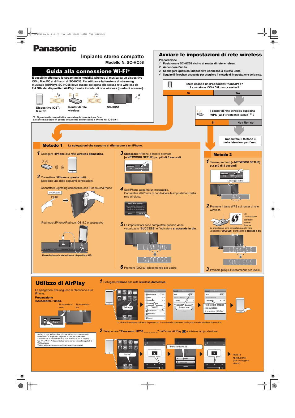 Impianto stereo compatto, Guida alla connessione wi-fi, Avviare le impostazioni di rete wireless | Utilizzo di airplay, Ipad | Panasonic SCHC58EG User Manual | Page 3 / 4