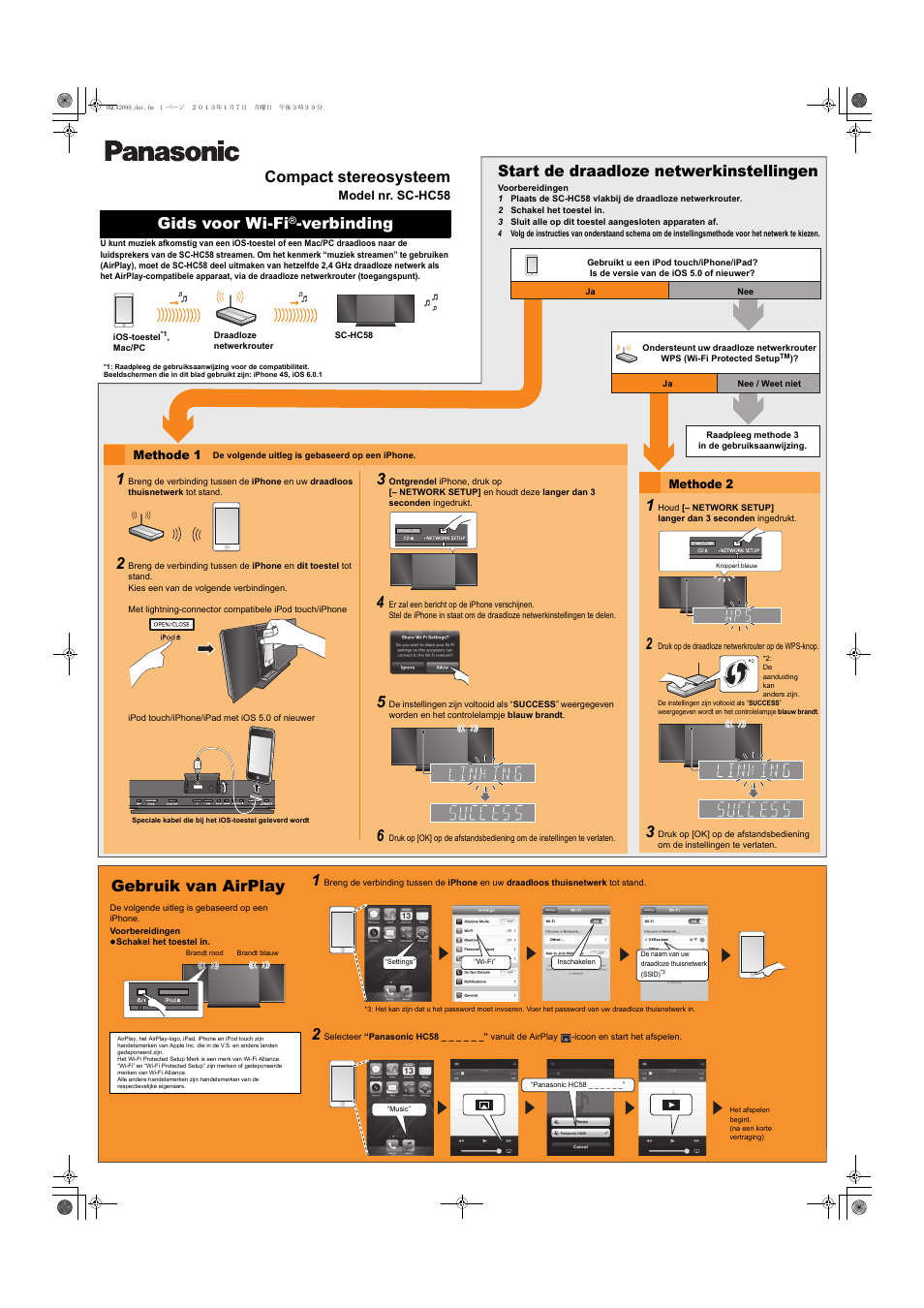 Compact stereosysteem, Gids voor wi-fi, Verbinding | Start de draadloze netwerkinstellingen, Gebruik van airplay, Ipad | Panasonic SCHC58EG User Manual | Page 4 / 4