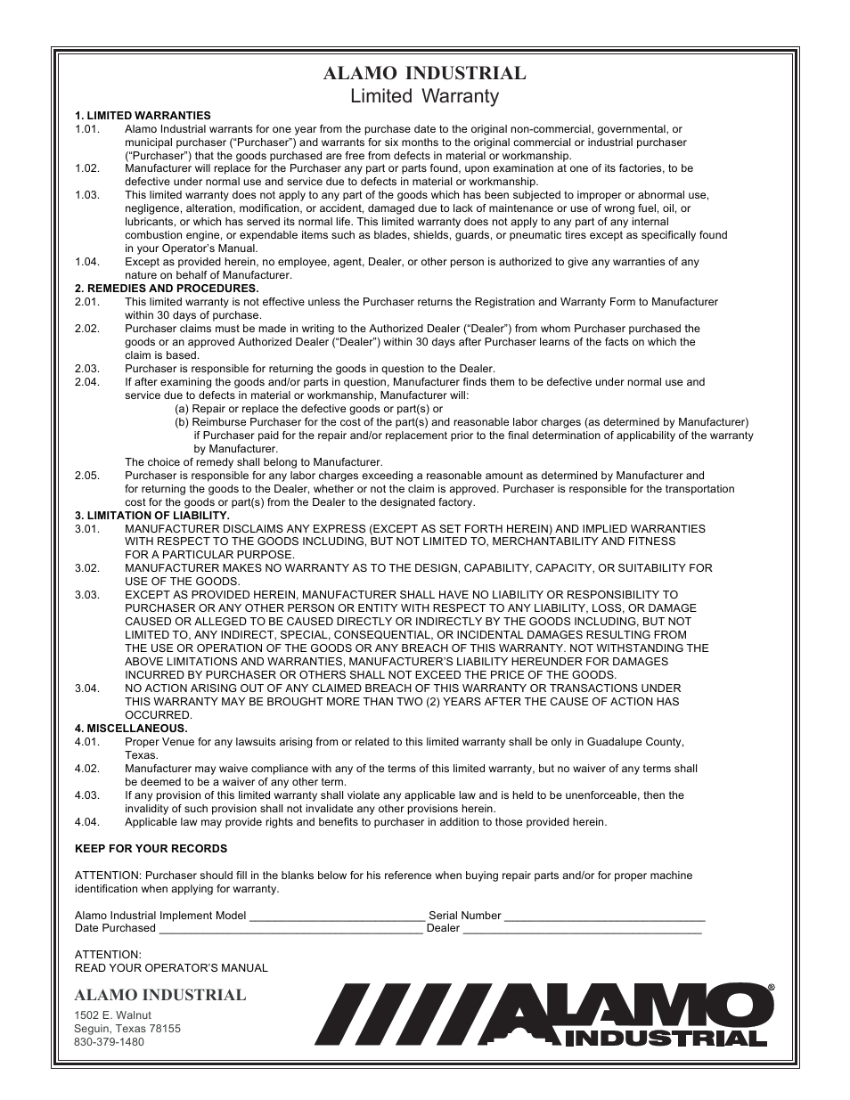 Alamo industrial limited warranty, Alamo industrial | Alamo A-Boom User Manual | Page 223 / 226