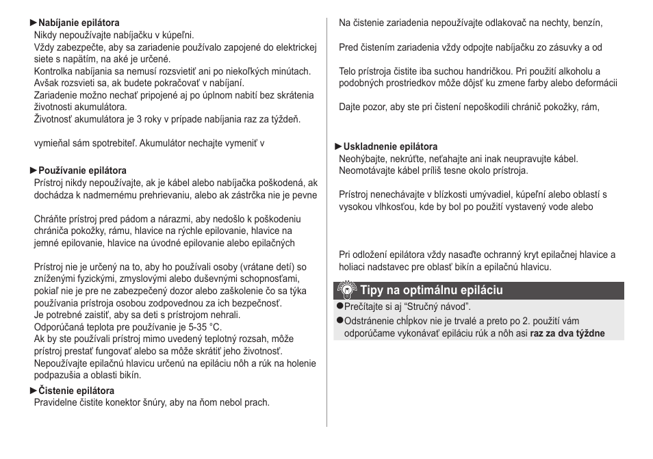 Tipy na optimálnu epiláciu | Panasonic ESWD52 User Manual | Page 106 / 138