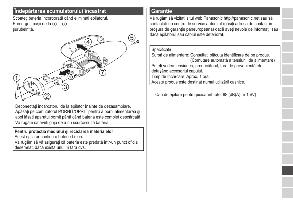 Îndepărtarea acumulatorului încastrat, Garanţie | Panasonic ESWD52 User Manual | Page 119 / 138