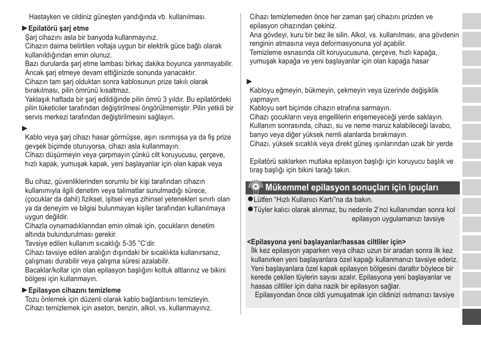 Mükemmel epilasyon sonuçları için ipuçları | Panasonic ESWD52 User Manual | Page 131 / 138