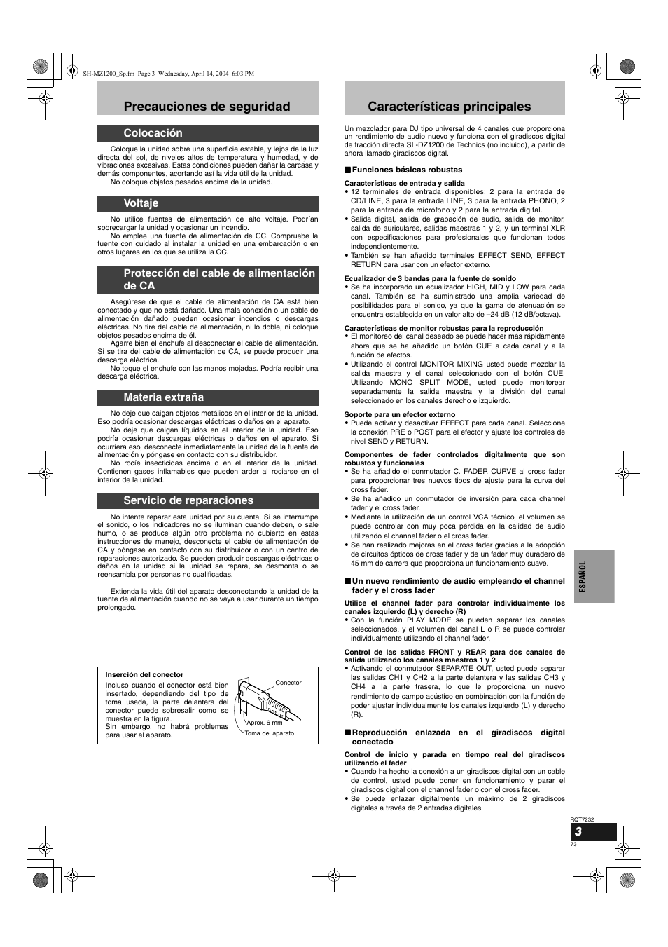Precauciones de seguridad, Características principales | Panasonic SHMZ1200 User Manual | Page 73 / 100
