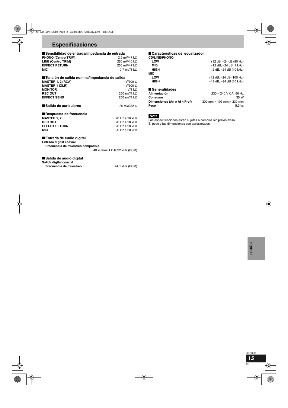 Especificaciones | Panasonic SHMZ1200 User Manual | Page 85 / 100