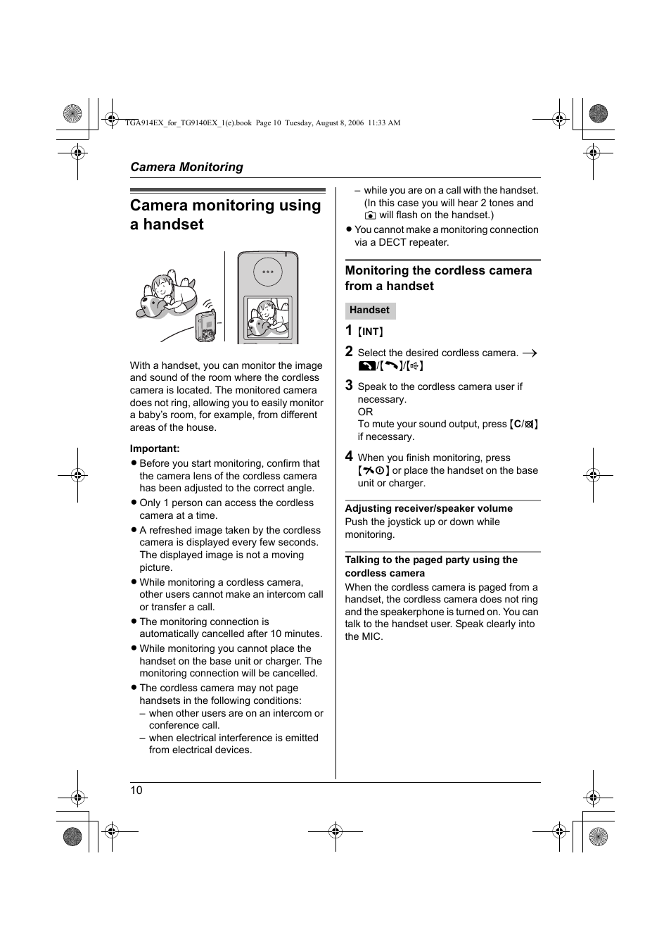 Camera monitoring, Camera monitoring using a handset | Panasonic KXTG9140EXX User Manual | Page 10 / 60