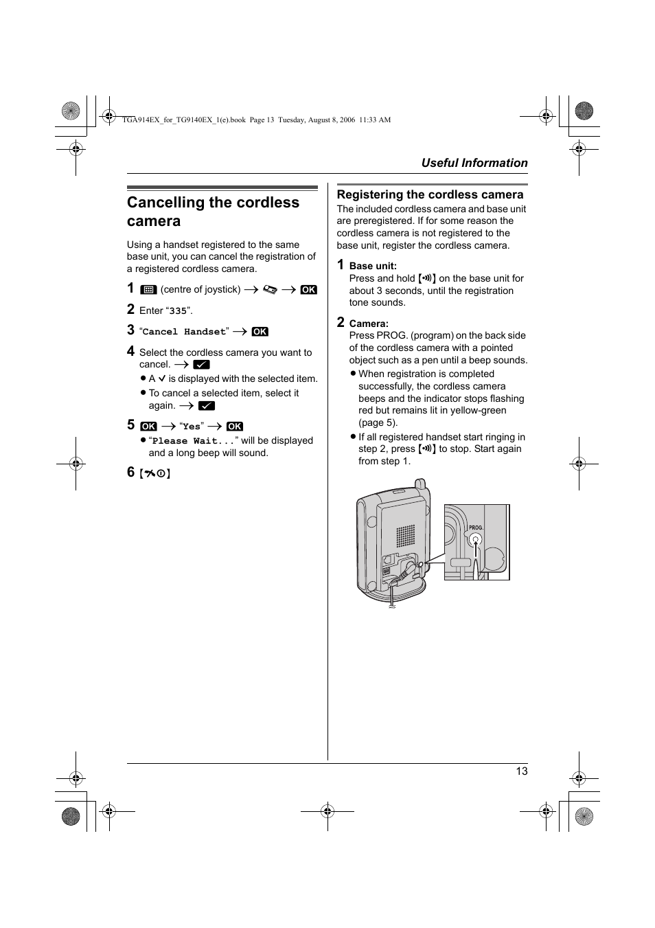 Useful information, Cancelling the cordless camera | Panasonic KXTG9140EXX User Manual | Page 13 / 60
