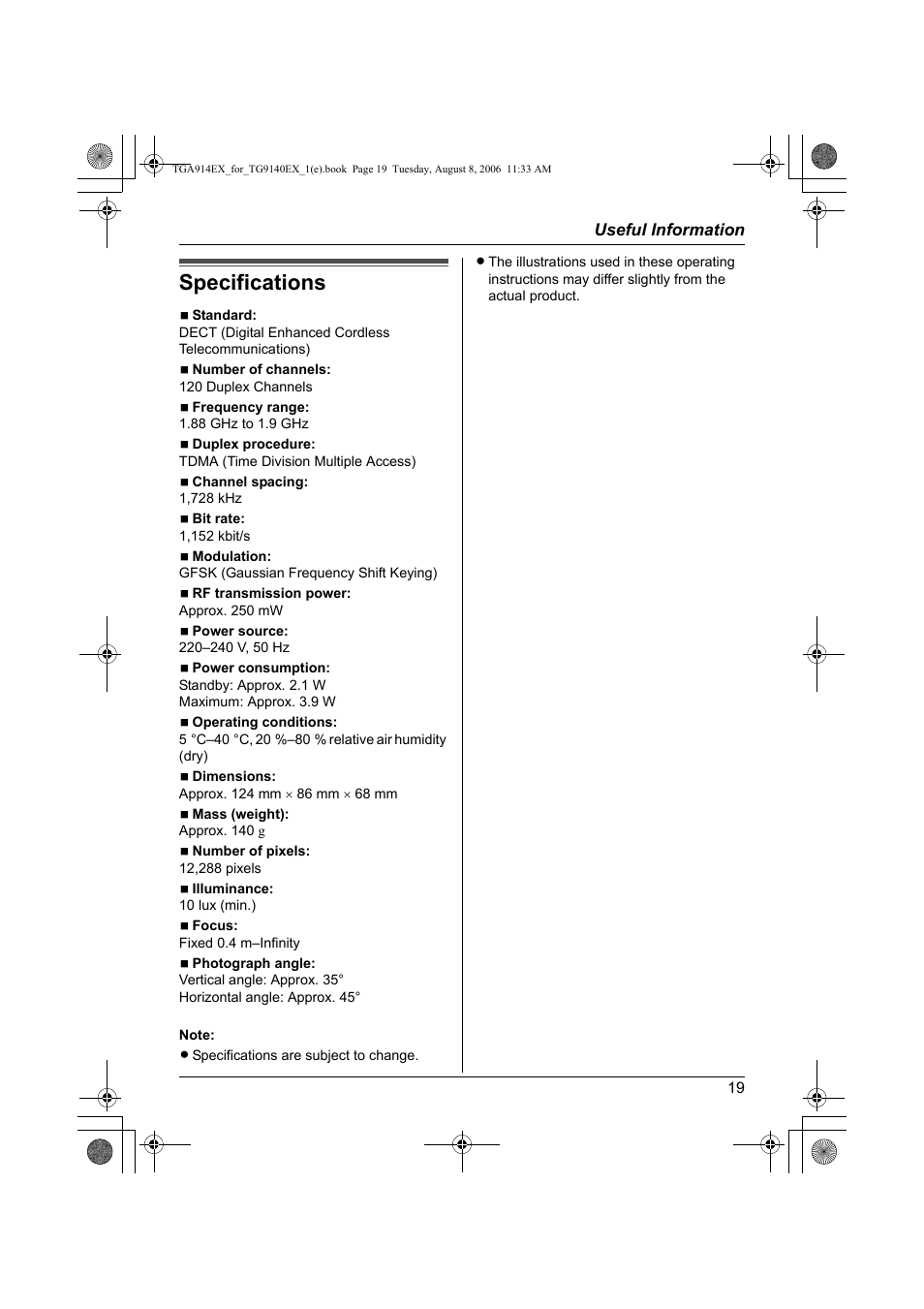 Specifications | Panasonic KXTG9140EXX User Manual | Page 19 / 60