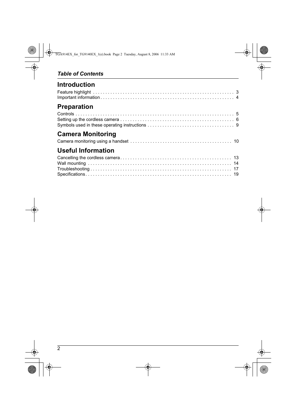 Introduction, Preparation, Camera monitoring | Useful information | Panasonic KXTG9140EXX User Manual | Page 2 / 60