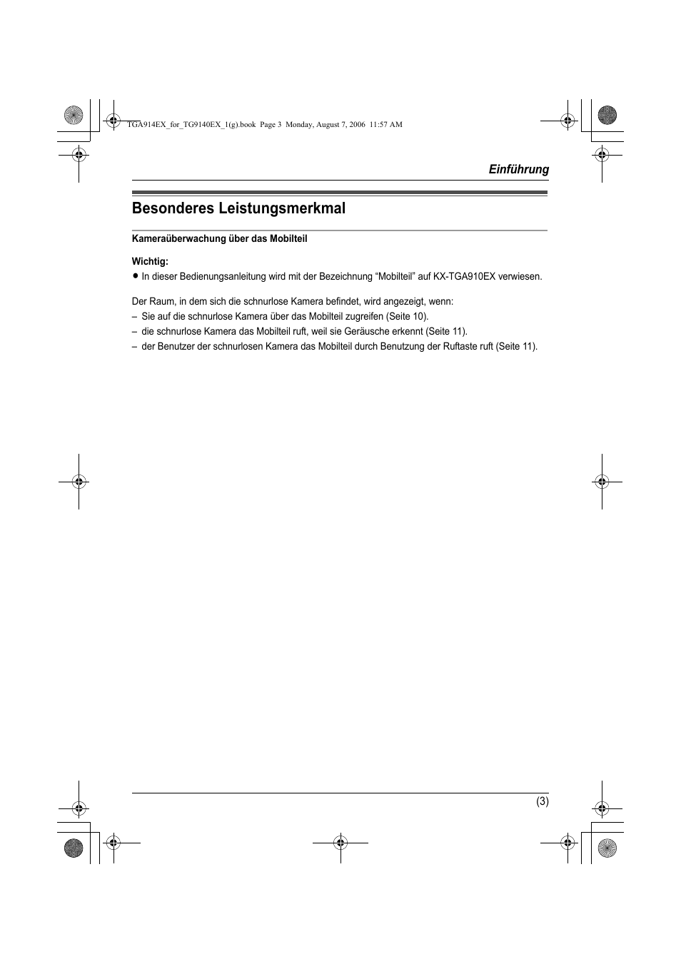 Einführung, Besonderes leistungsmerkmal, Kameraüberwachung über das mobilteil | Wichtig | Panasonic KXTG9140EXX User Manual | Page 23 / 60