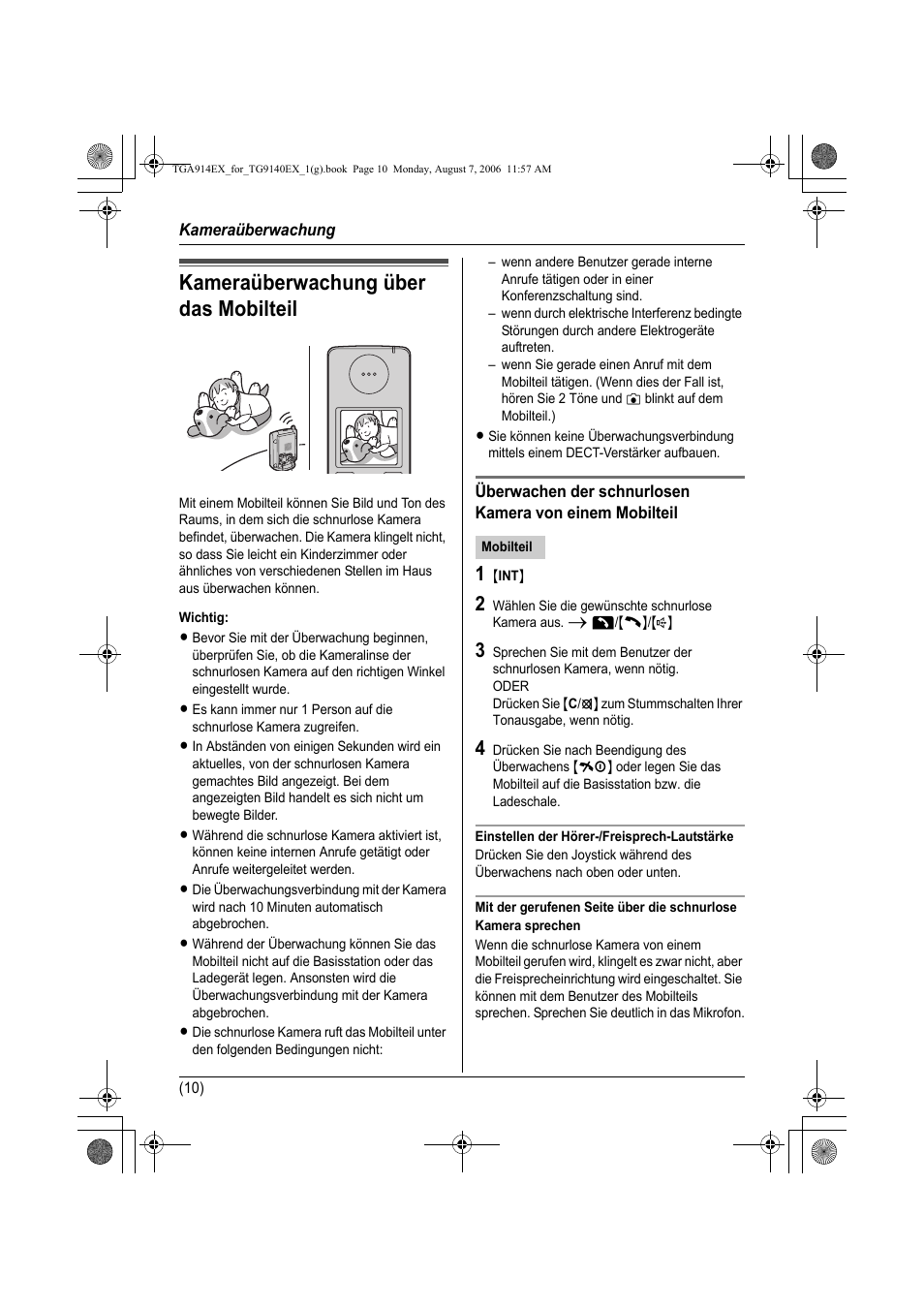 Kameraüberwachung, Kameraüberwachung über das mobilteil, Wichtig | Mobilteil, 1 {int, Einstellen der hörer-/freisprech-lautstärke | Panasonic KXTG9140EXX User Manual | Page 30 / 60