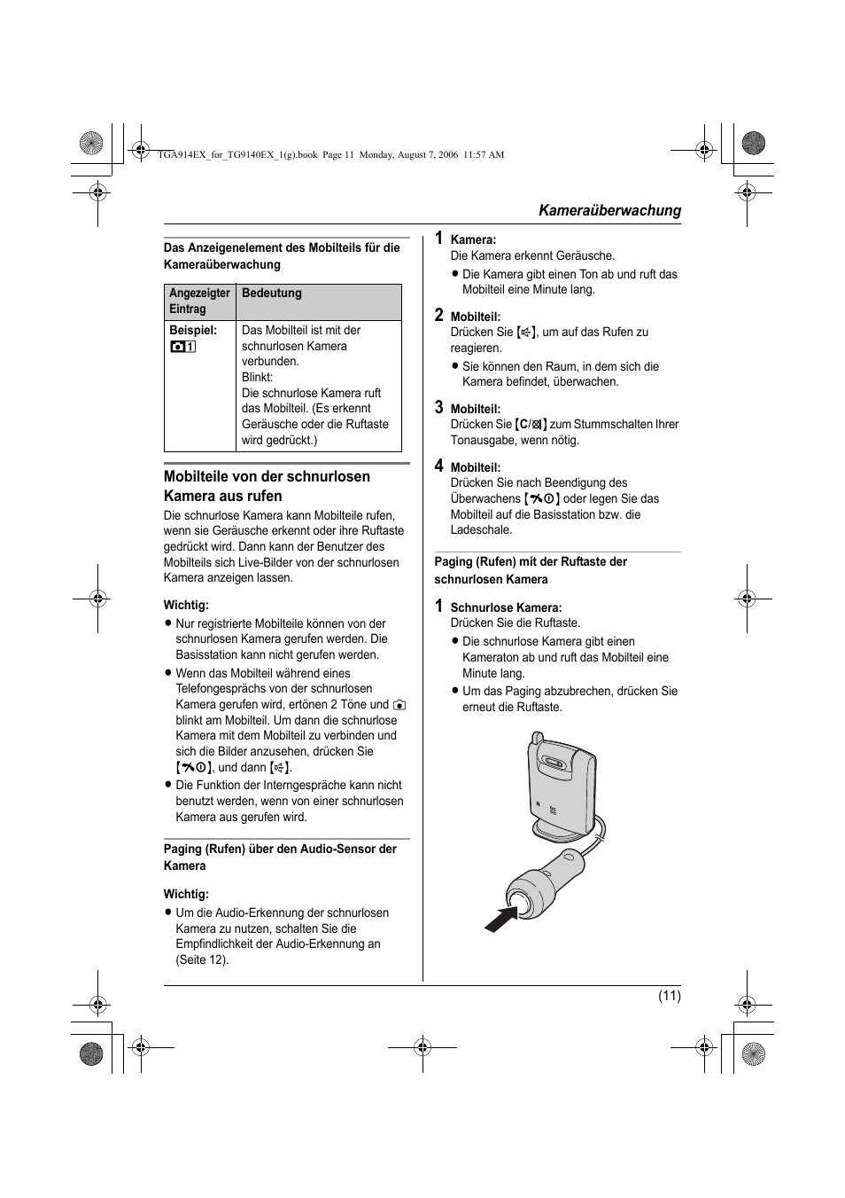 Beispiel, Mobilteile von der schnurlosen kamera aus rufen, Wichtig | Paging (rufen) über den audio-sensor der kamera, 1 kamera, 2 mobilteil, 3 mobilteil, 4 mobilteil, 1 schnurlose kamera | Panasonic KXTG9140EXX User Manual | Page 31 / 60