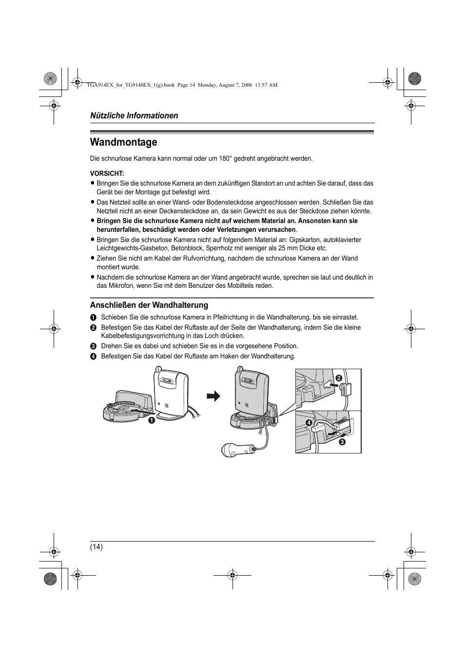 Wandmontage, Vorsicht, Anschließen der wandhalterung | Panasonic KXTG9140EXX User Manual | Page 34 / 60