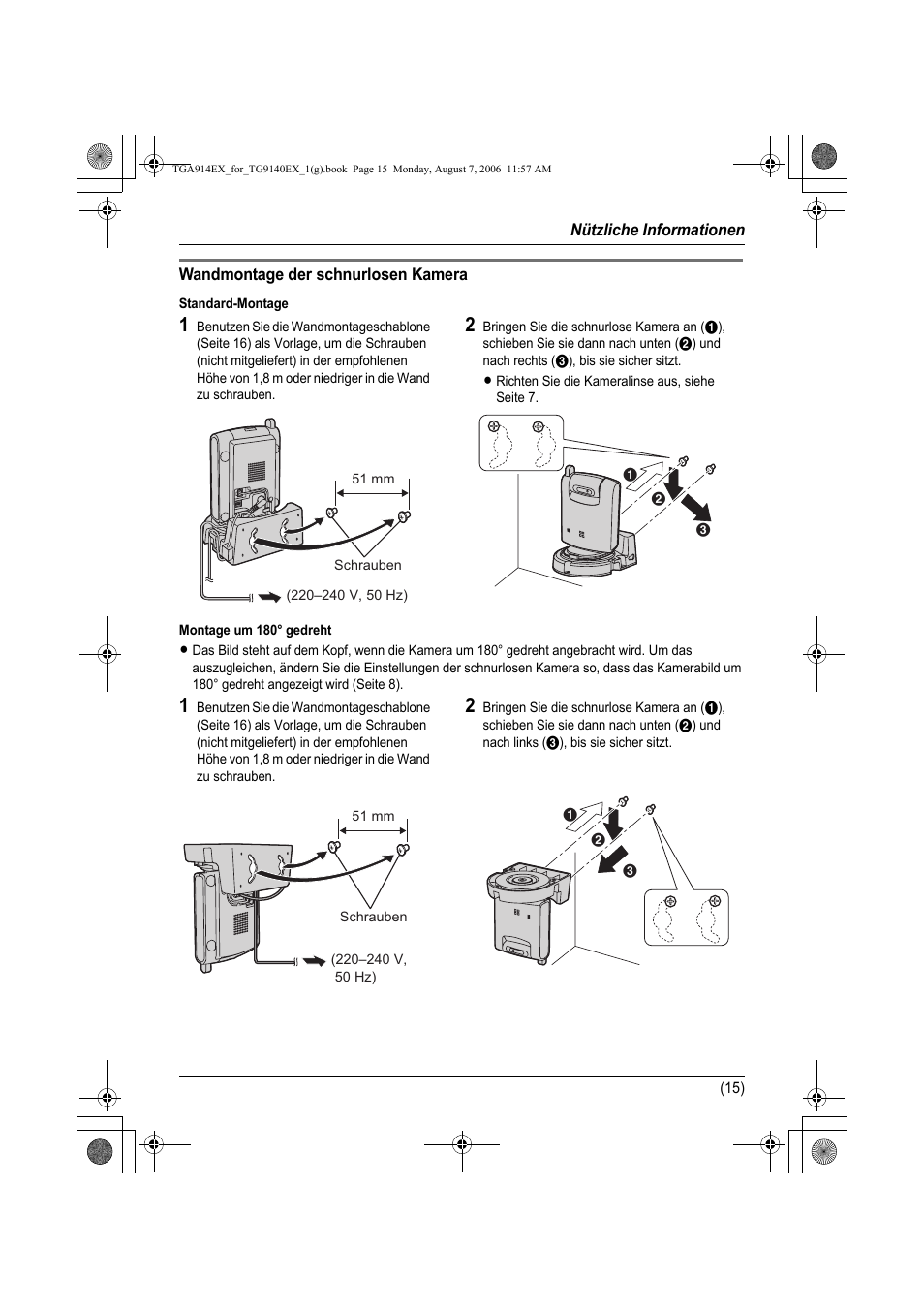 Wandmontage der schnurlosen kamera, Standard-montage, Montage um 180˚ gedreht | Panasonic KXTG9140EXX User Manual | Page 35 / 60