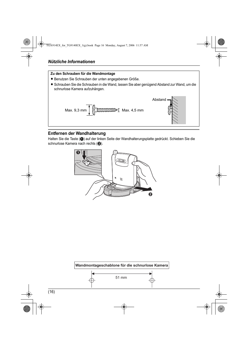 Zu den schrauben für die wandmontage, Entfernen der wandhalterung, Seite 16) | Panasonic KXTG9140EXX User Manual | Page 36 / 60