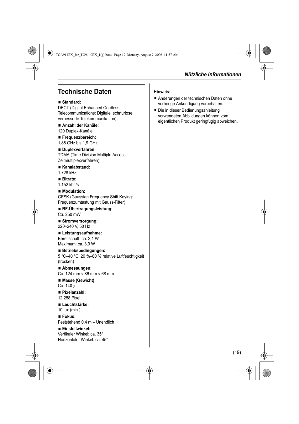 Technische daten | Panasonic KXTG9140EXX User Manual | Page 39 / 60