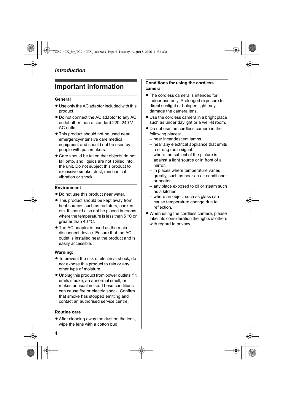 Important information | Panasonic KXTG9140EXX User Manual | Page 4 / 60