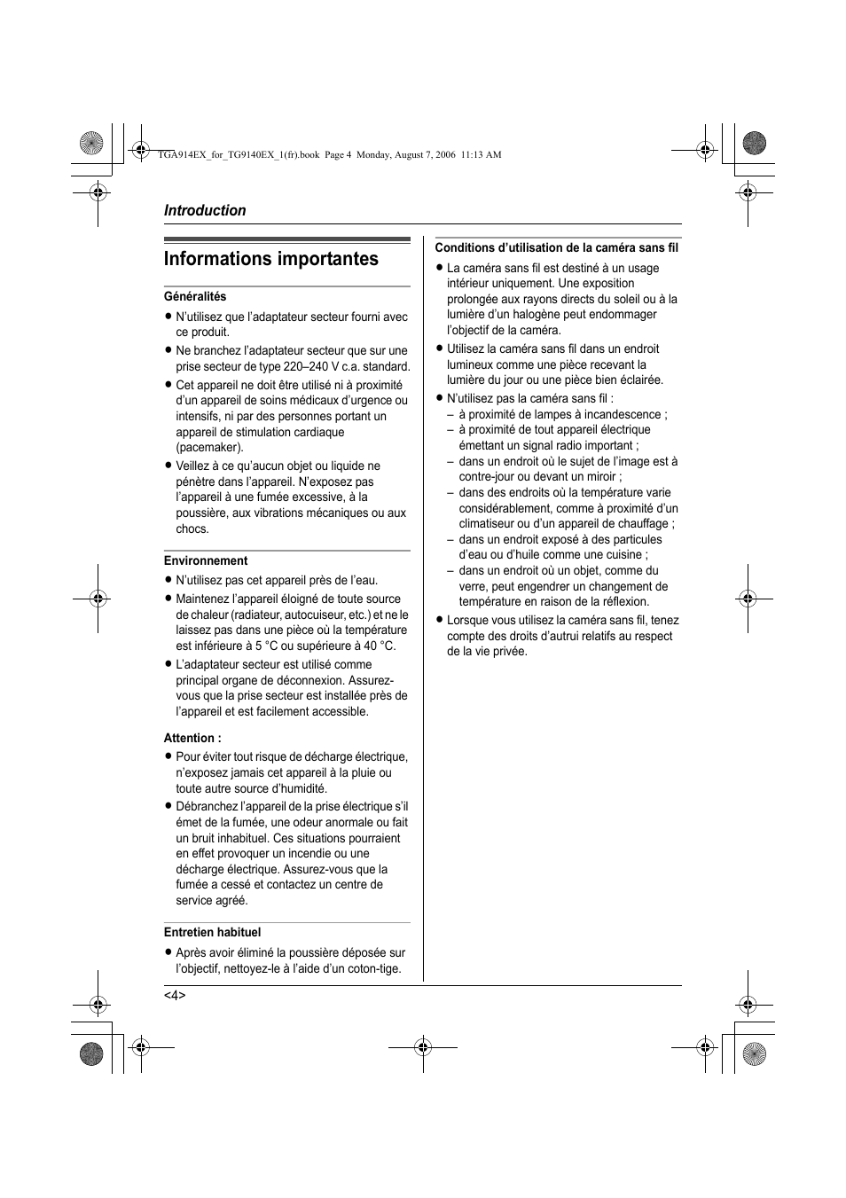 Informations importantes | Panasonic KXTG9140EXX User Manual | Page 44 / 60