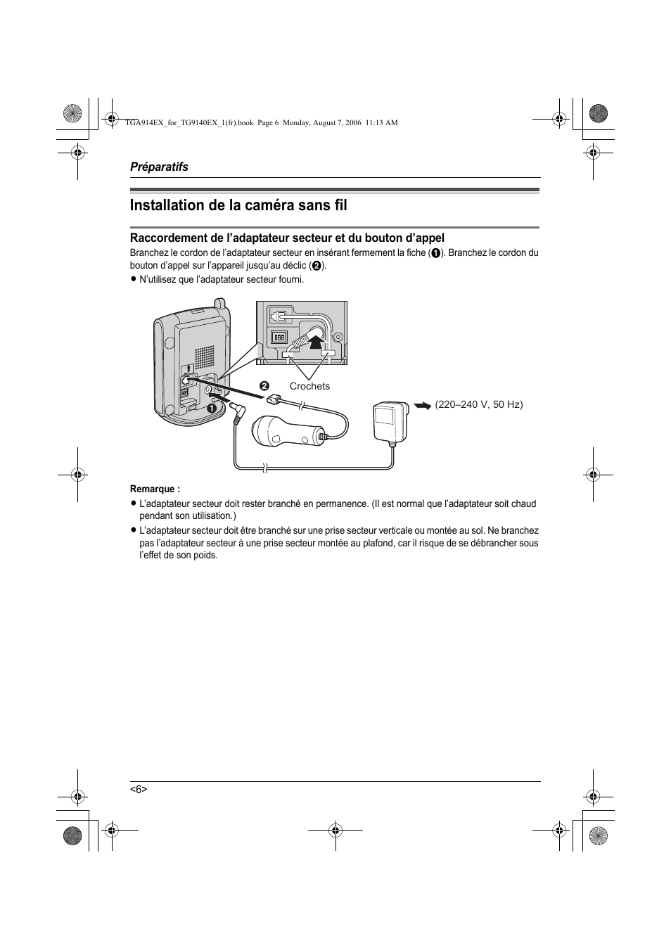 Installation de la caméra sans fil | Panasonic KXTG9140EXX User Manual | Page 46 / 60