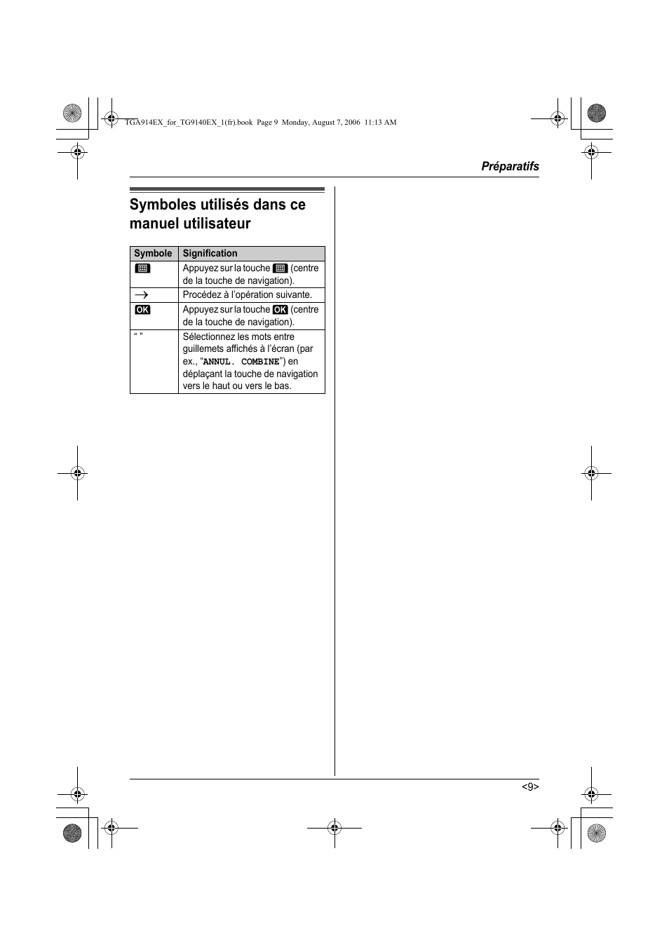 Symboles utilisés dans ce manuel utilisateur | Panasonic KXTG9140EXX User Manual | Page 49 / 60