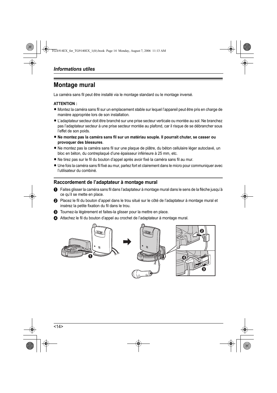 Montage mural | Panasonic KXTG9140EXX User Manual | Page 54 / 60