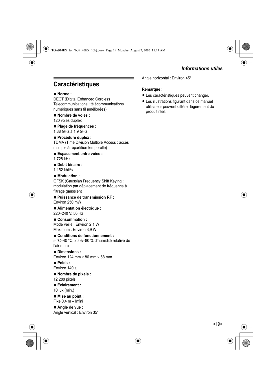 Caractéristiques | Panasonic KXTG9140EXX User Manual | Page 59 / 60