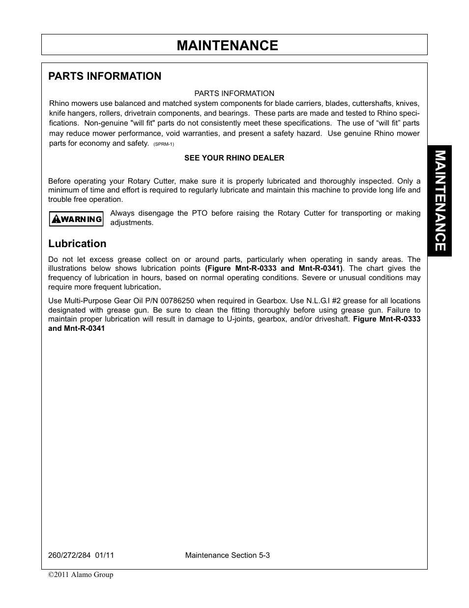 Parts information, Lubrication, Parts information -3 lubrication -3 | Maintenance | Alamo 284 User Manual | Page 103 / 136