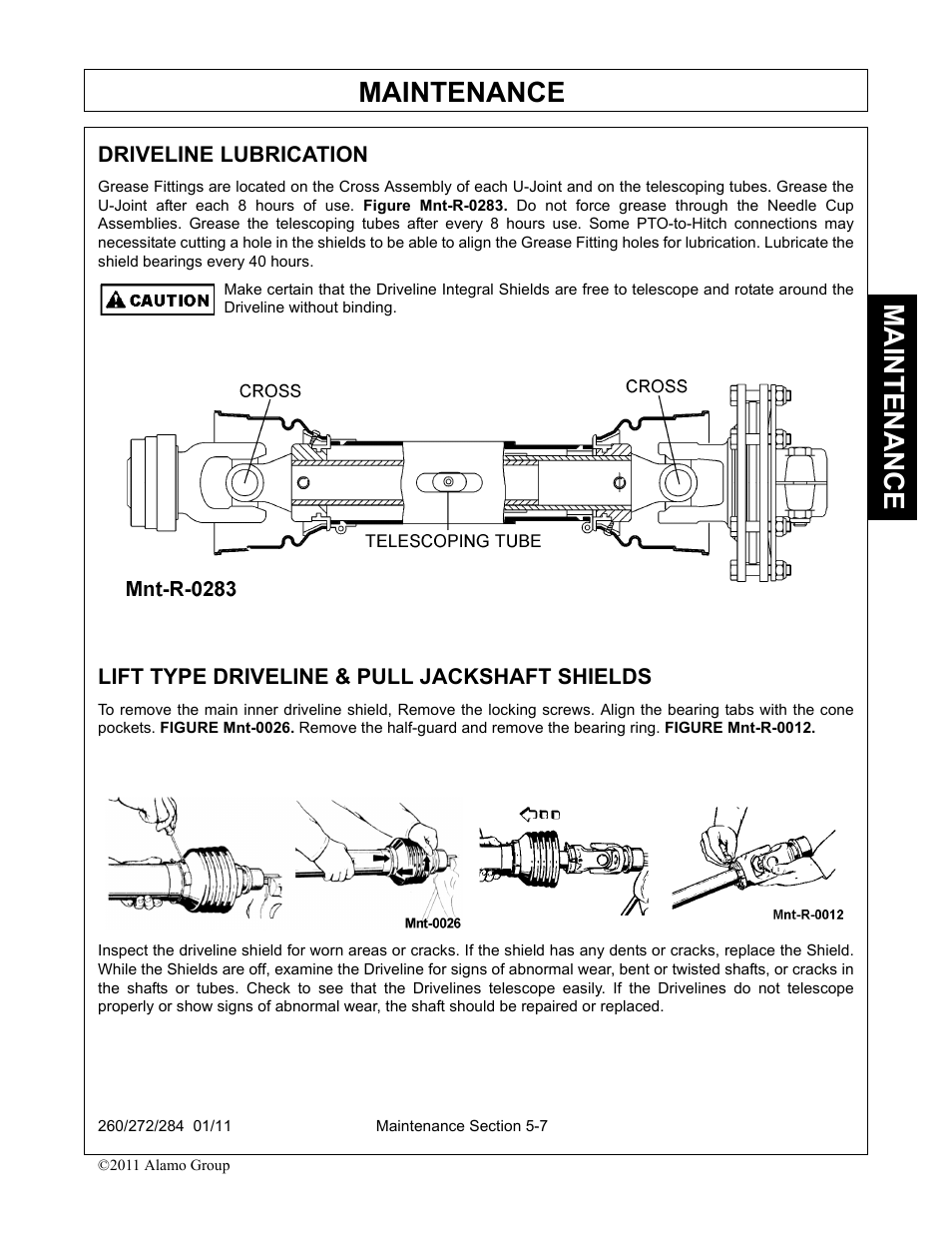 Lift type driveline & pull jackshaft shields, Maintenance | Alamo 284 User Manual | Page 107 / 136