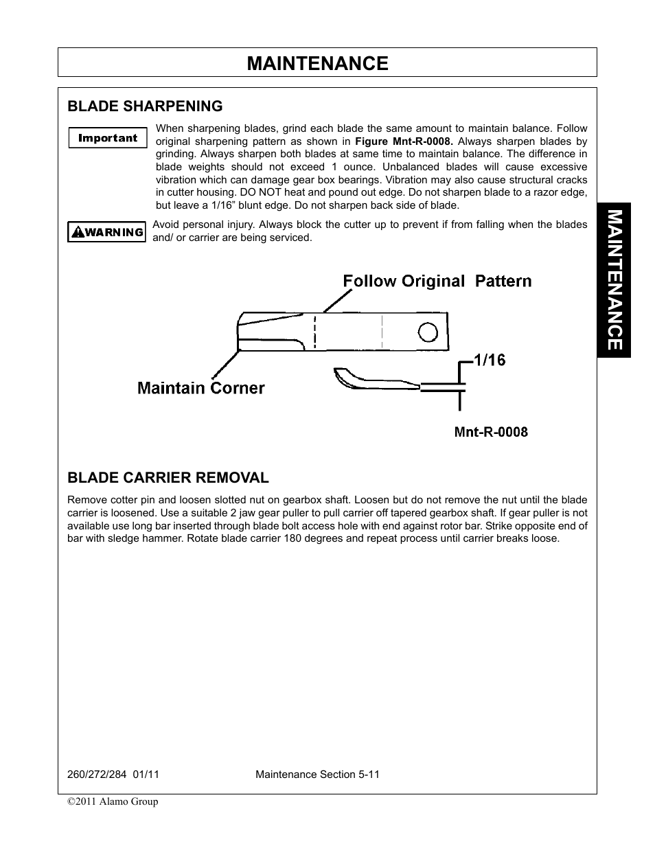 Blade carrier removal, Blade sharpening -11 blade carrier removal -11, Maintenance | Alamo 284 User Manual | Page 111 / 136