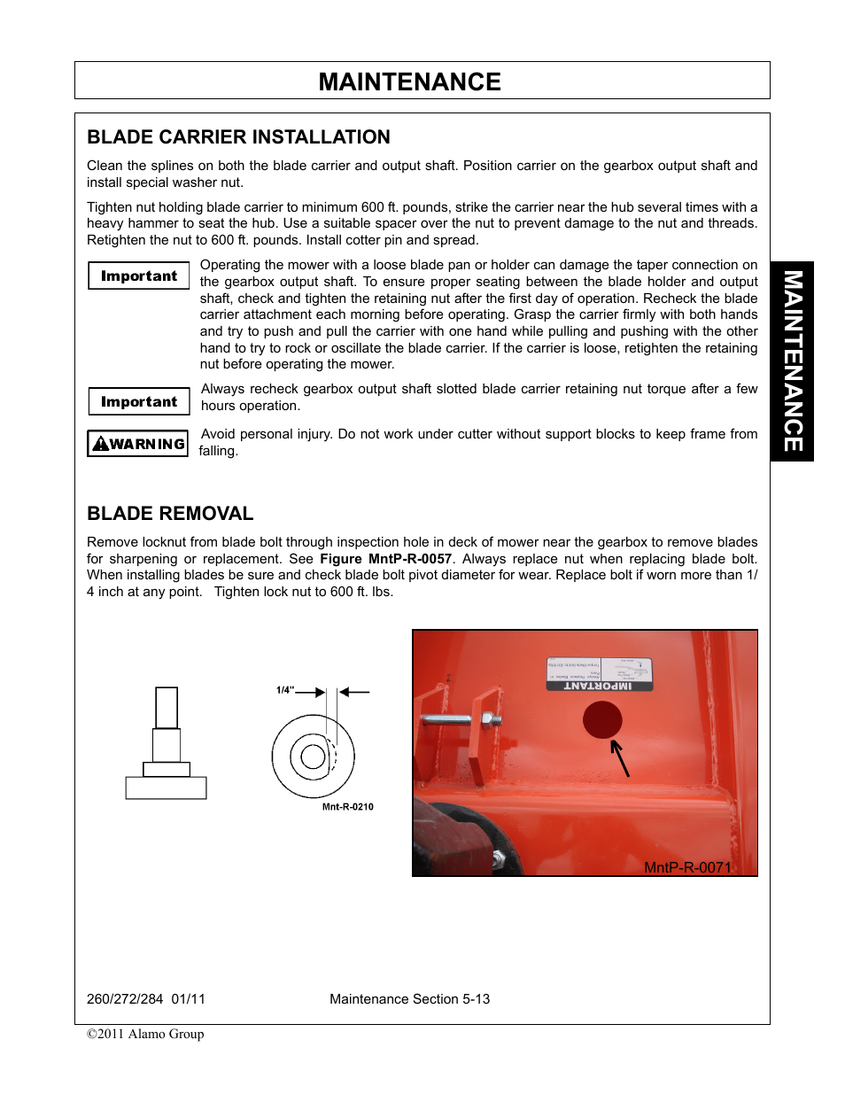 Blade removal, Blade carrier installation -13 blade removal -13, Maintenance | Alamo 284 User Manual | Page 113 / 136