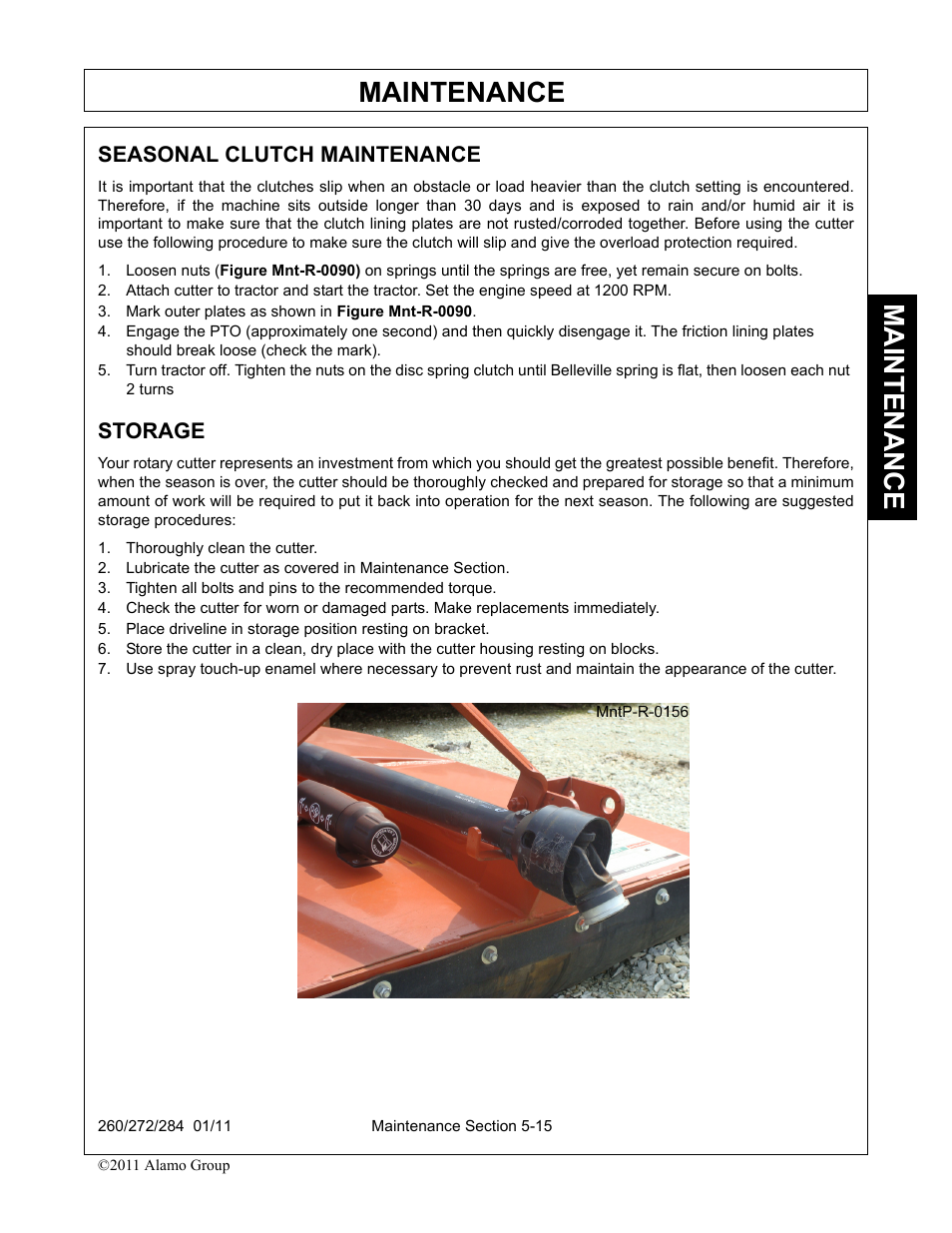 Seasonal clutch maintenance, Mark outer plates as shown in figure mnt-r-0090, Storage | Thoroughly clean the cutter, Seasonal clutch maintenance -15 storage -15, Maintenance | Alamo 284 User Manual | Page 115 / 136