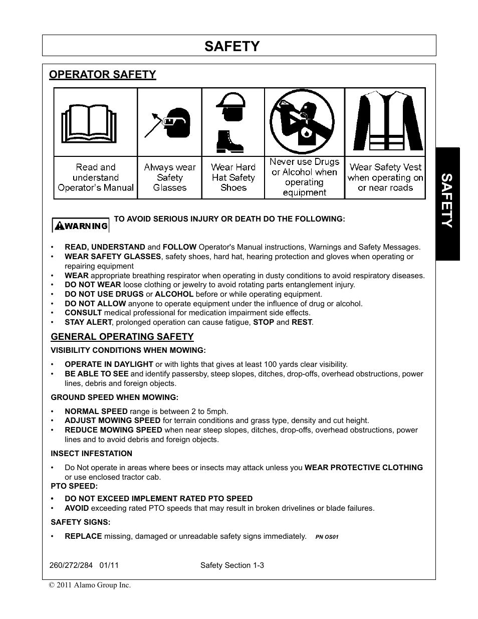 Operator safety, Operator safety -3, Safety | Alamo 284 User Manual | Page 13 / 136