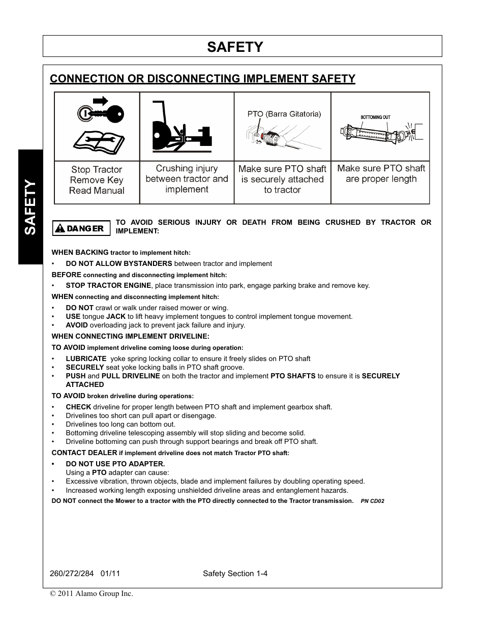 Connection or disconnecting implement safety, Connection or disconnecting implement safety -4, Safety | Alamo 284 User Manual | Page 14 / 136