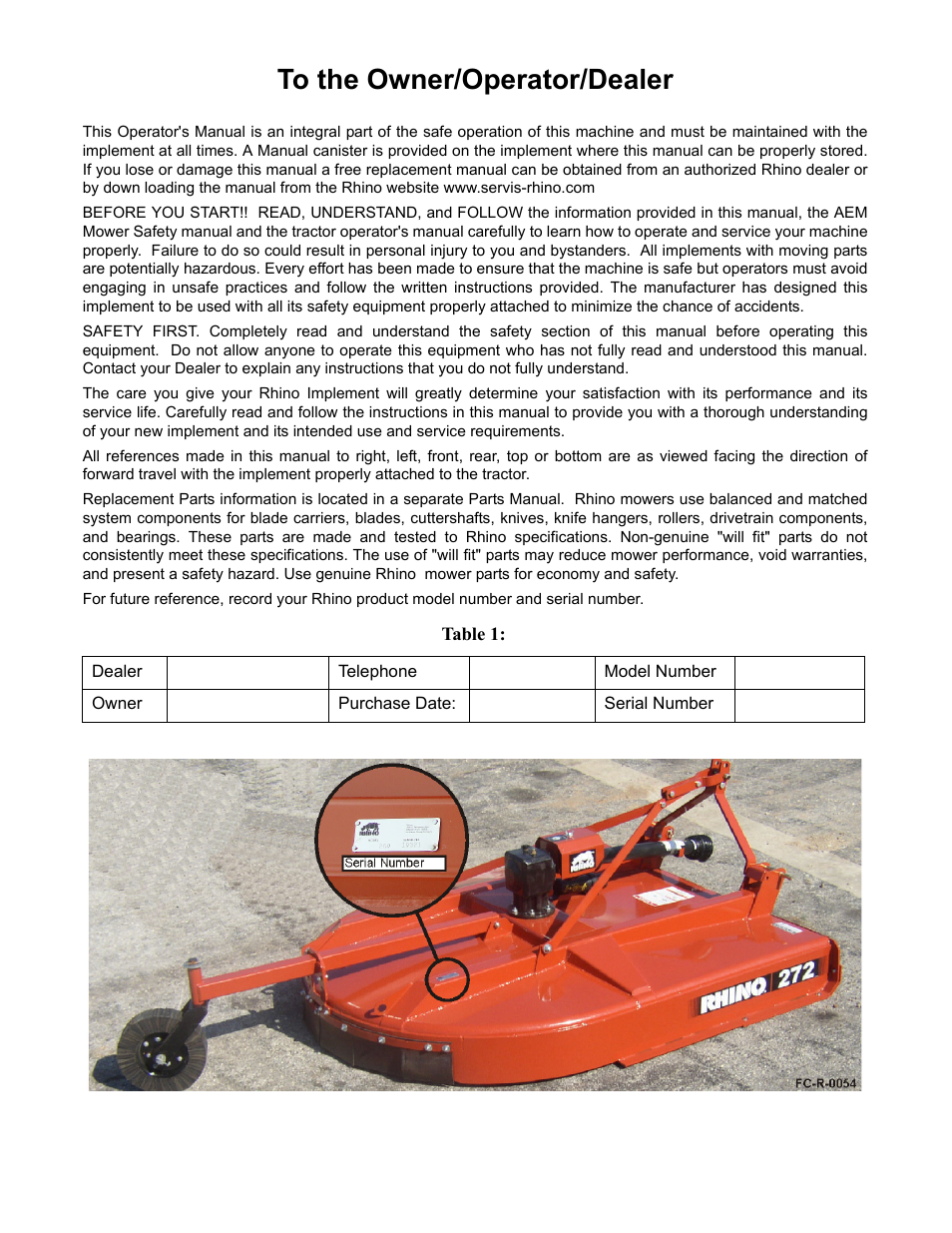 To the owner/operator/dealer, Table 1 | Alamo 284 User Manual | Page 2 / 136