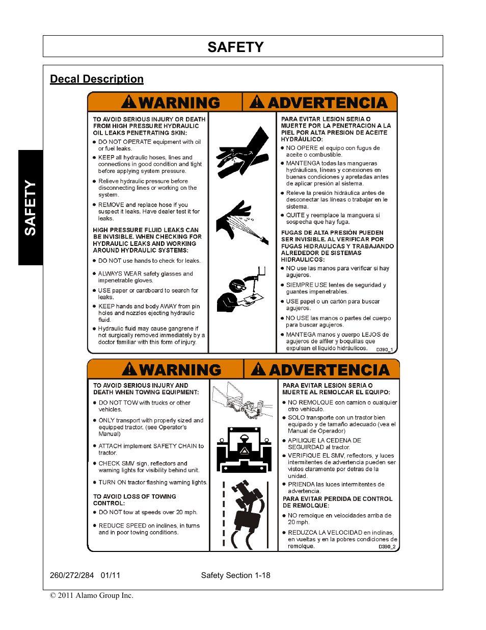 Decal description, Decal description -18, Safety | Alamo 284 User Manual | Page 28 / 136