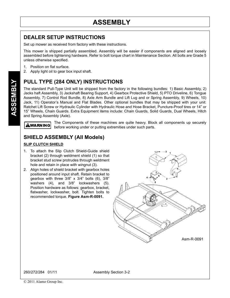 Dealer setup instructions, Position on flat surface, Apply light oil to gear box input shaft | Pull type (284 only) instructions, Shield assembly (all models), Assembly, Assembl y | Alamo 284 User Manual | Page 42 / 136