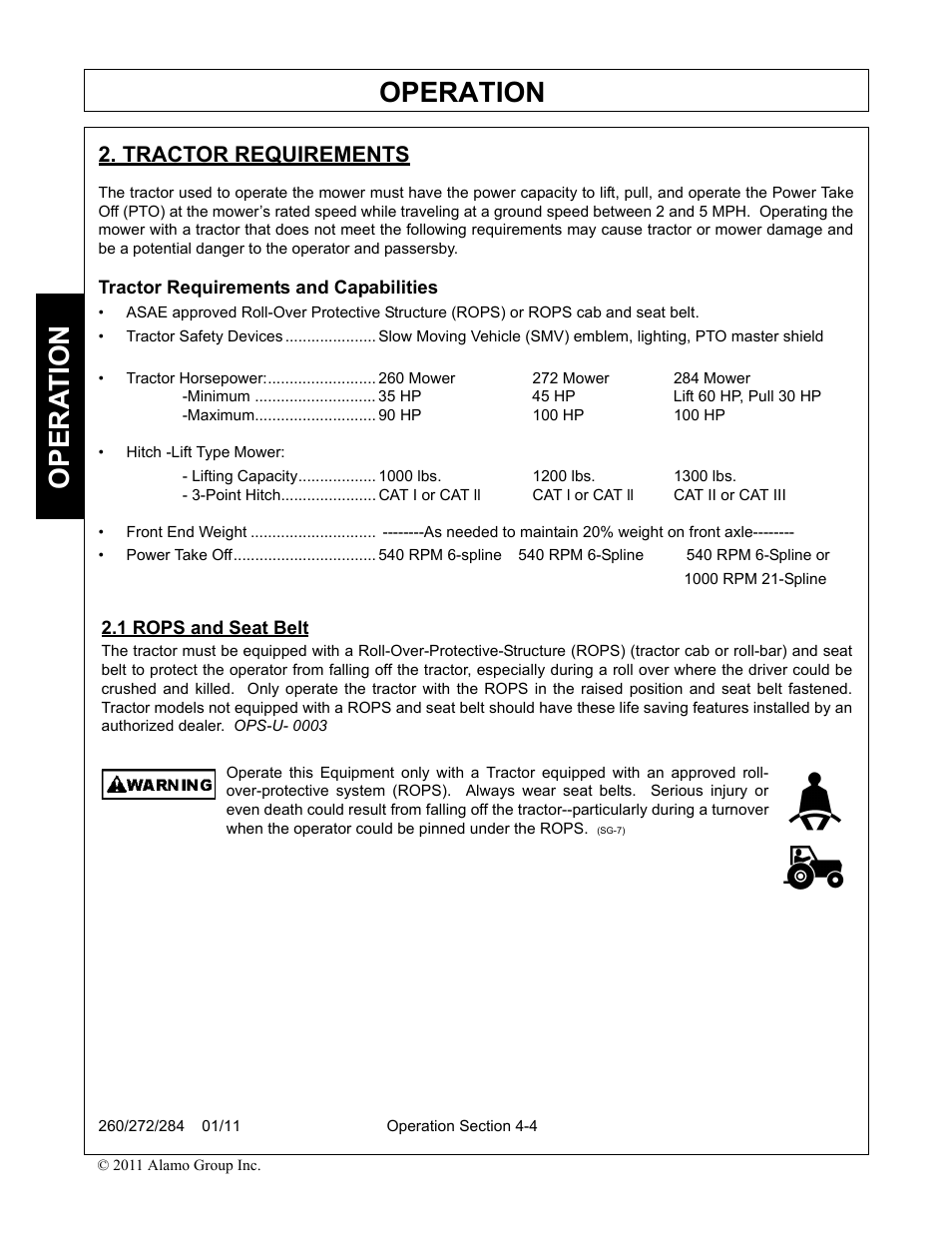 Tractor requirements, Tractor requirements and capabilities, 1 rops and seat belt | Tractor requirements -4 rops and seat belt -4, Operation, Opera t ion | Alamo 284 User Manual | Page 56 / 136