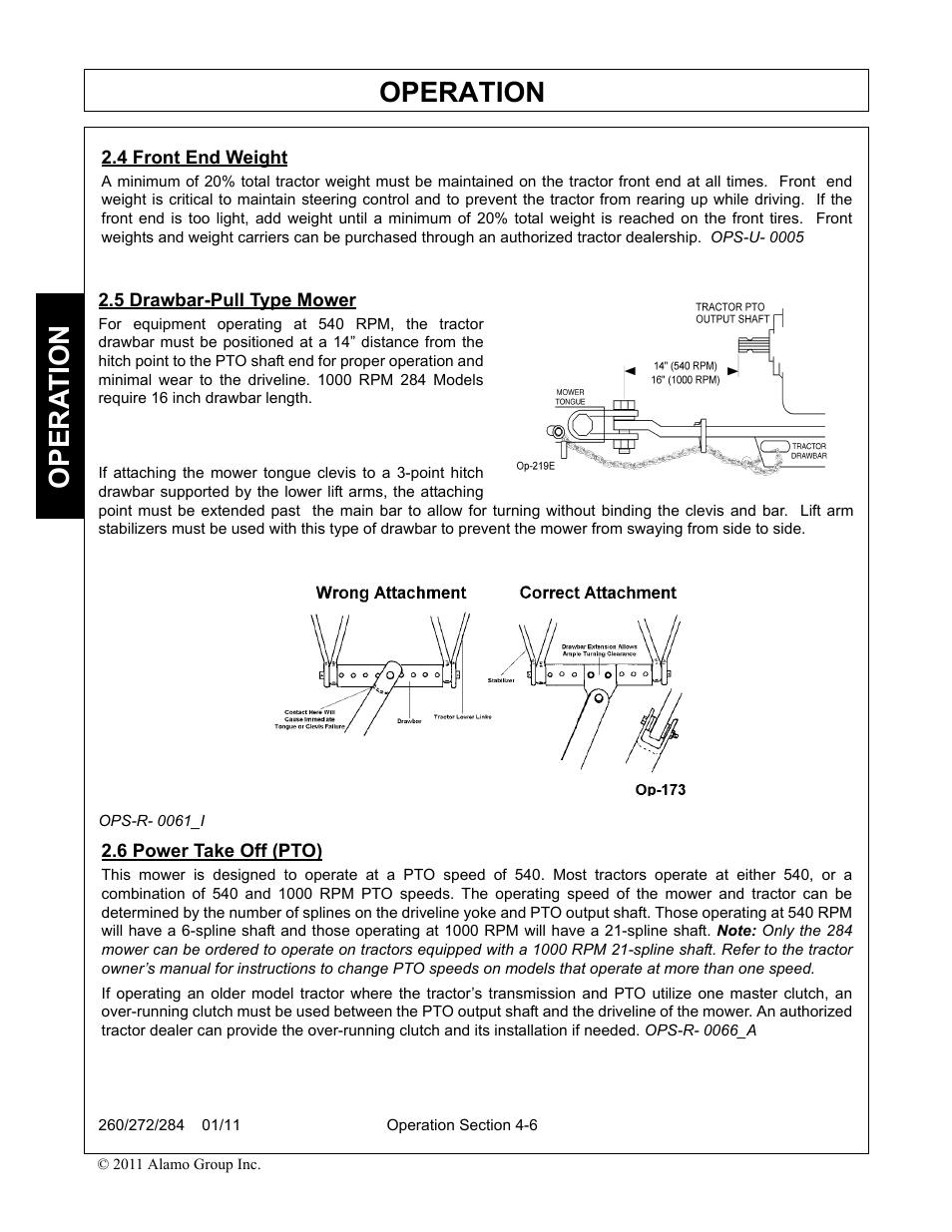 4 front end weight, 5 drawbar-pull type mower, 6 power take off (pto) | Front end weight -6 drawbar-pull type mower -6, Power take off (pto) -6, Operation, Opera t ion | Alamo 284 User Manual | Page 58 / 136