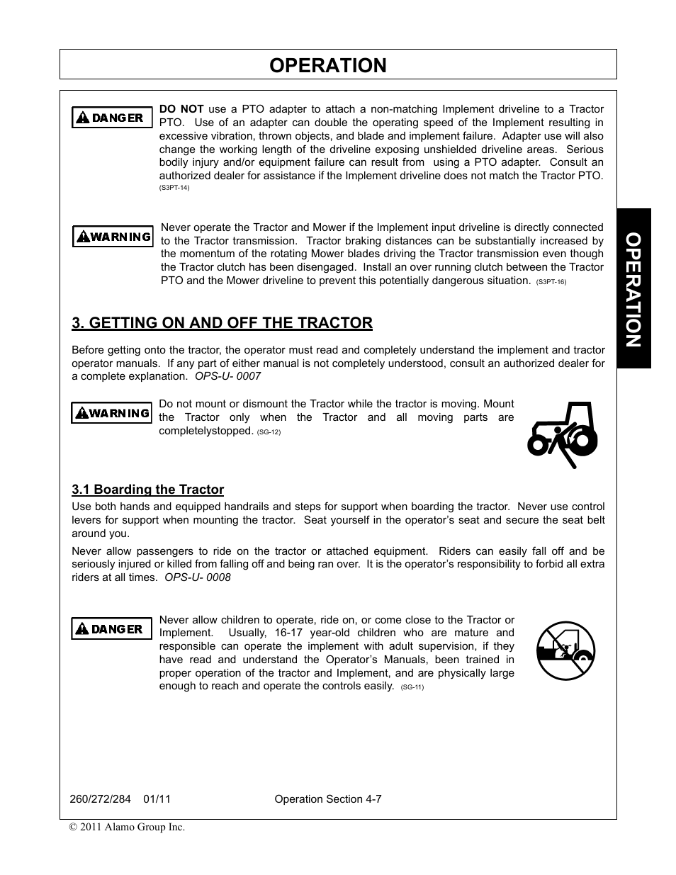 Getting on and off the tractor, 1 boarding the tractor, Operation | Opera t ion | Alamo 284 User Manual | Page 59 / 136