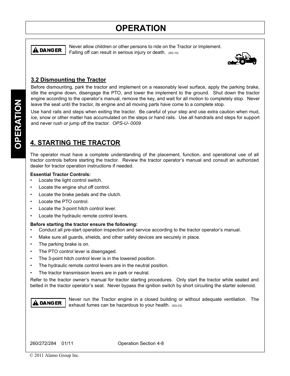 2 dismounting the tractor, Starting the tractor, Dismounting the tractor -8 starting the tractor -8 | Operation, Opera t ion | Alamo 284 User Manual | Page 60 / 136