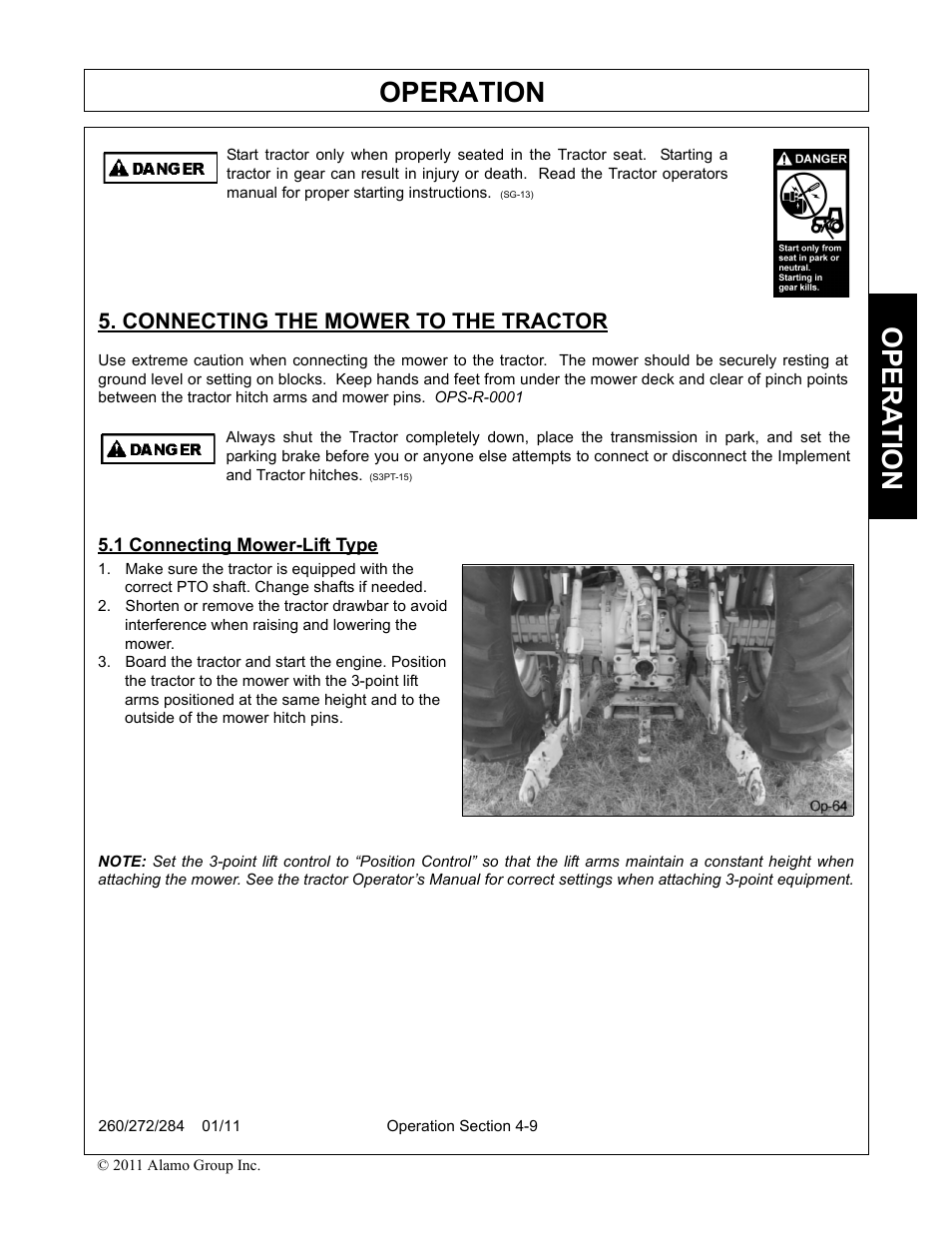 Connecting the mower to the tractor, 1 connecting mower-lift type, Operation | Opera t ion | Alamo 284 User Manual | Page 61 / 136