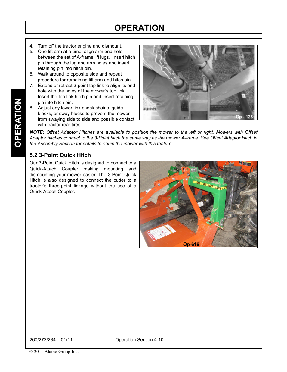 Turn off the tractor engine and dismount, 2 3-point quick hitch, Point quick hitch -10 | Operation, Opera t ion | Alamo 284 User Manual | Page 62 / 136