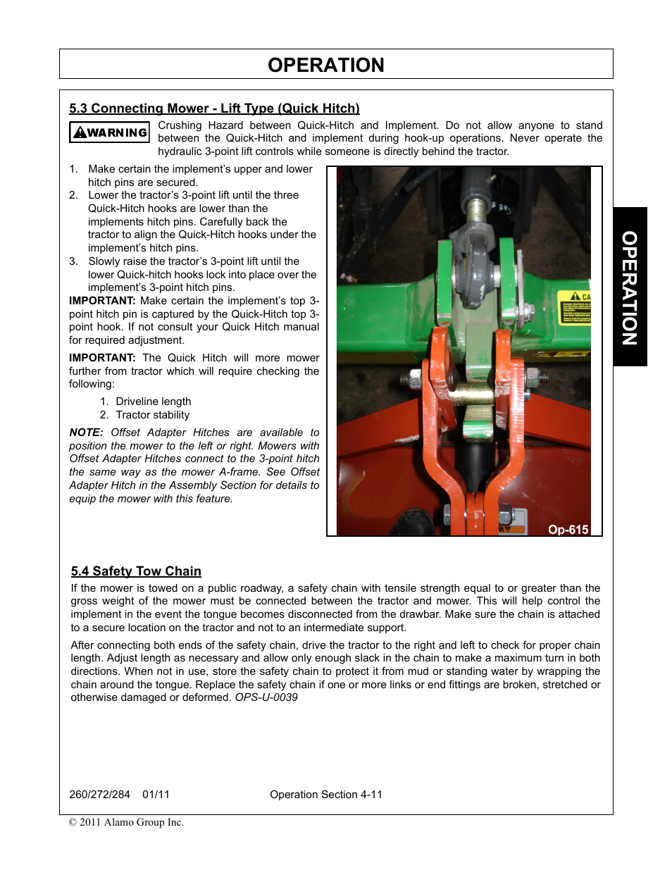 3 connecting mower - lift type (quick hitch), Driveline length, Tractor stability | 4 safety tow chain, Operation, Opera t ion | Alamo 284 User Manual | Page 63 / 136